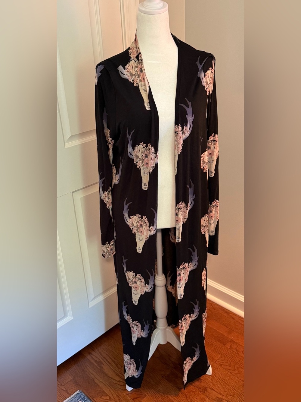 Black Floral Bull Skull Open-Front Long Cardigan